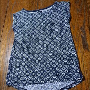 XS Gap Blue White Cuffed Short Sleeve Round Neck Pullover Shirt Top w Side Slits